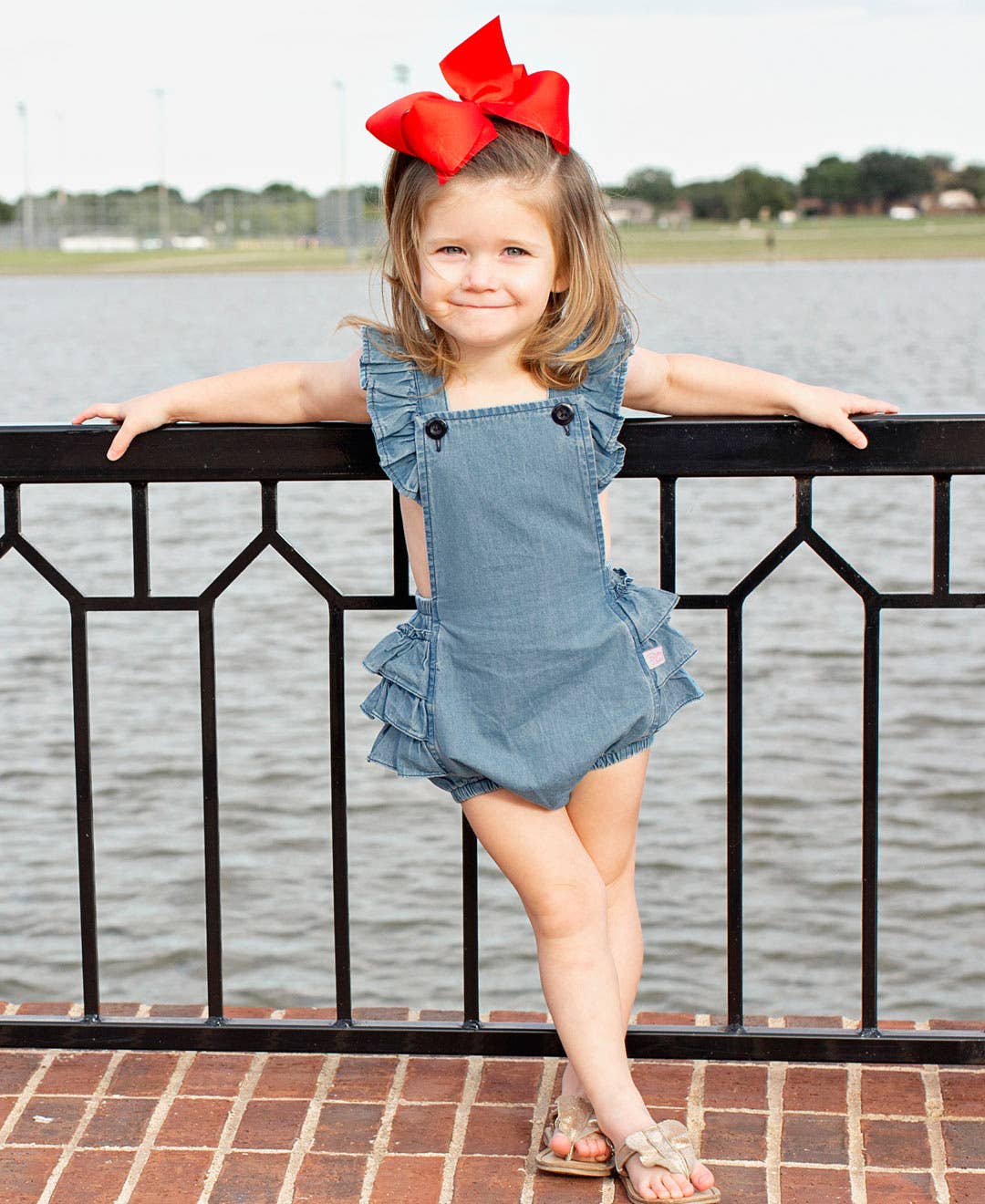 Baby Girls Light Wash Woven Flutter Overall Romper