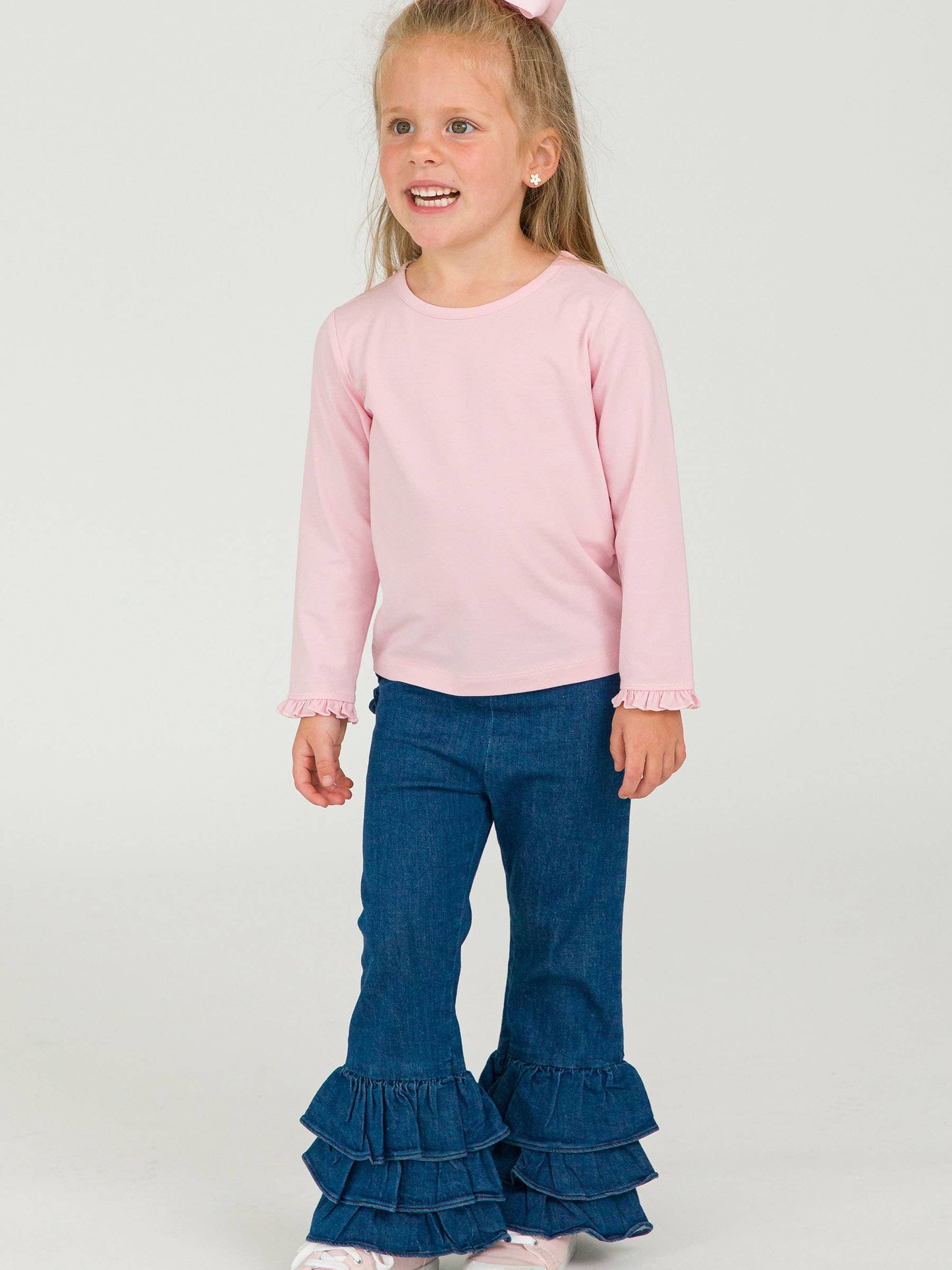 Toddler Girls Medium Wash Denim Denim Ruffle Flare Pants with Signature Rear Ruffles
