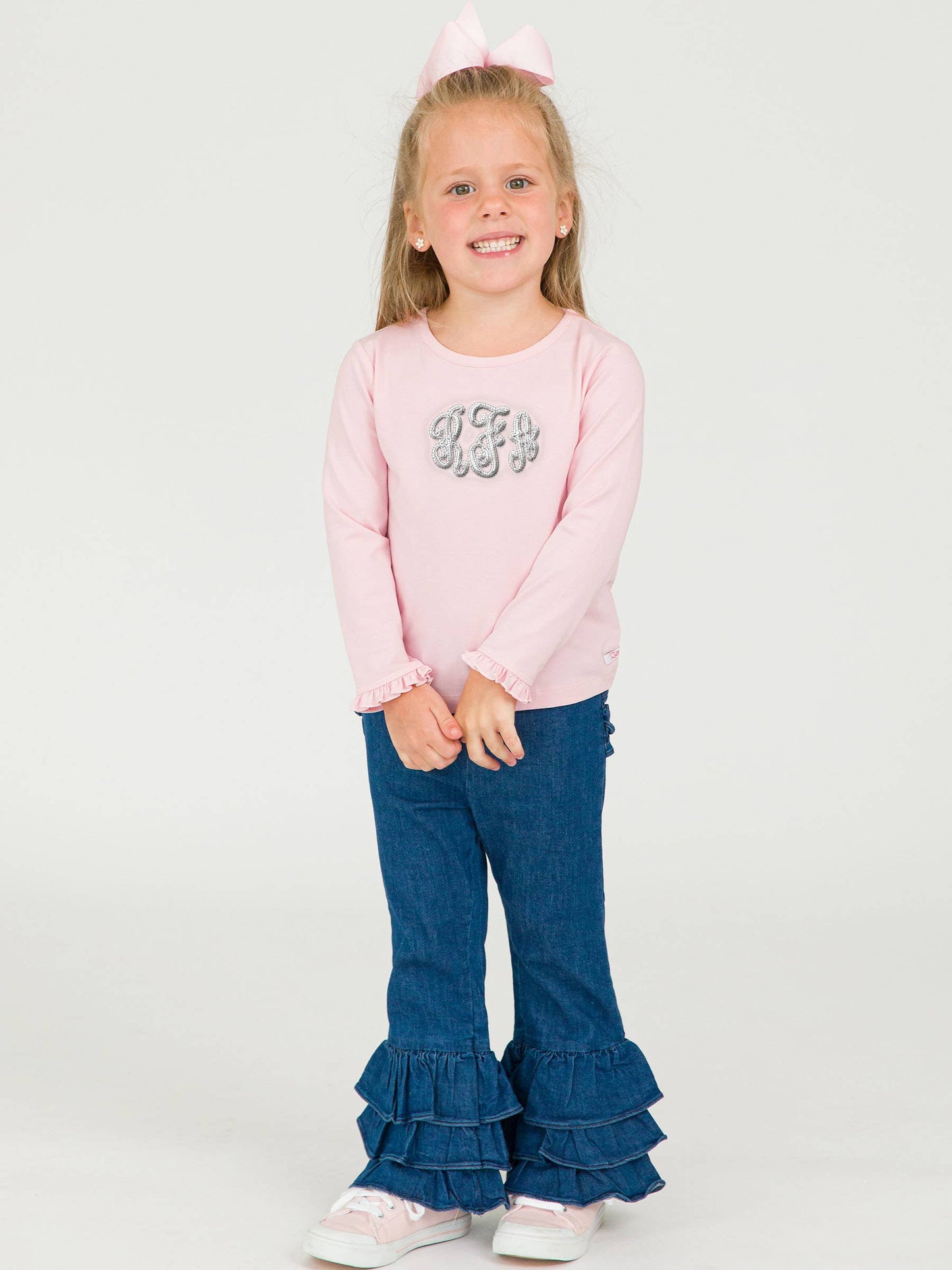 Toddler Girls Medium Wash Denim Denim Ruffle Flare Pants with Signature Rear Ruffles