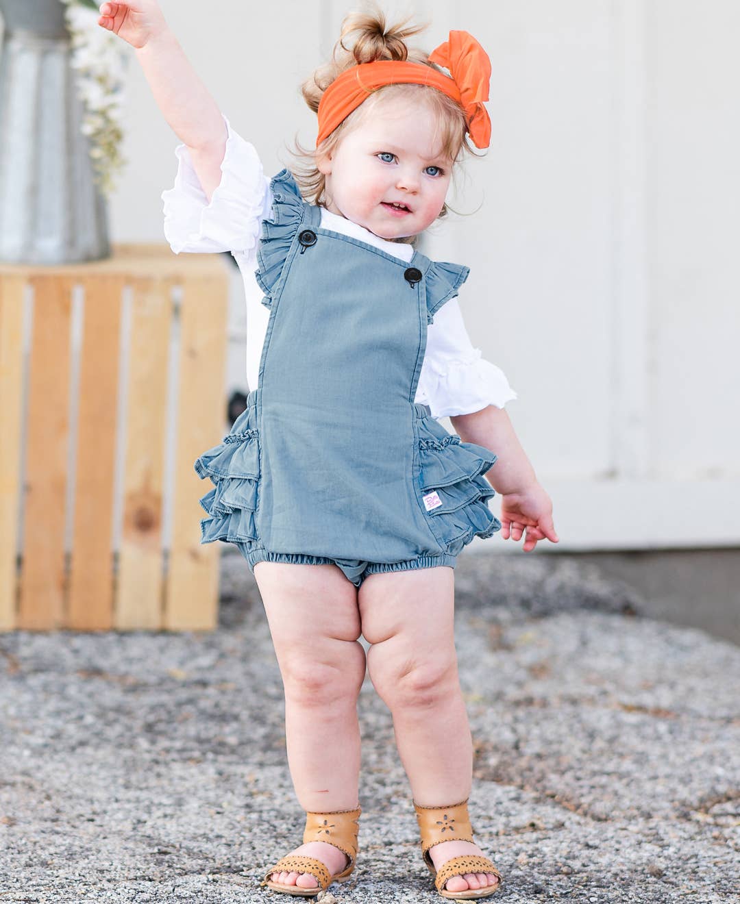 Baby Girls Light Wash Woven Flutter Overall Romper