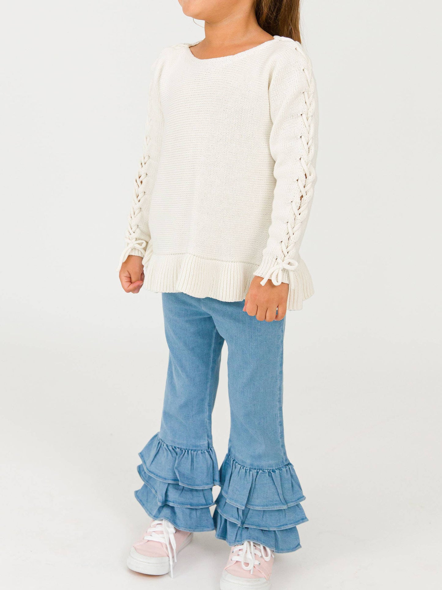 Toddler Girls Light Wash Denim Denim Ruffle Flare Pants with Signature Rear Ruffles