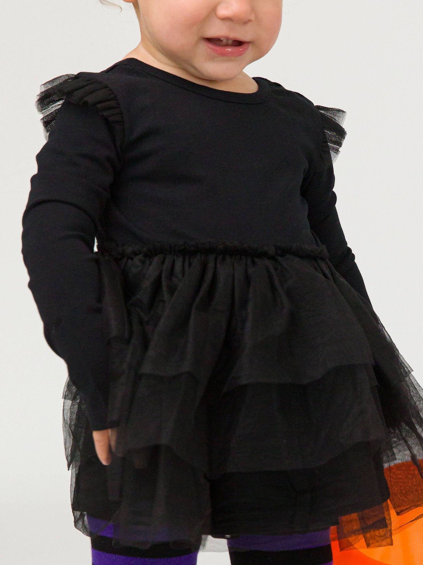 Baby Girls Black Flutter Tulle Long Sleeve Twirl Romper