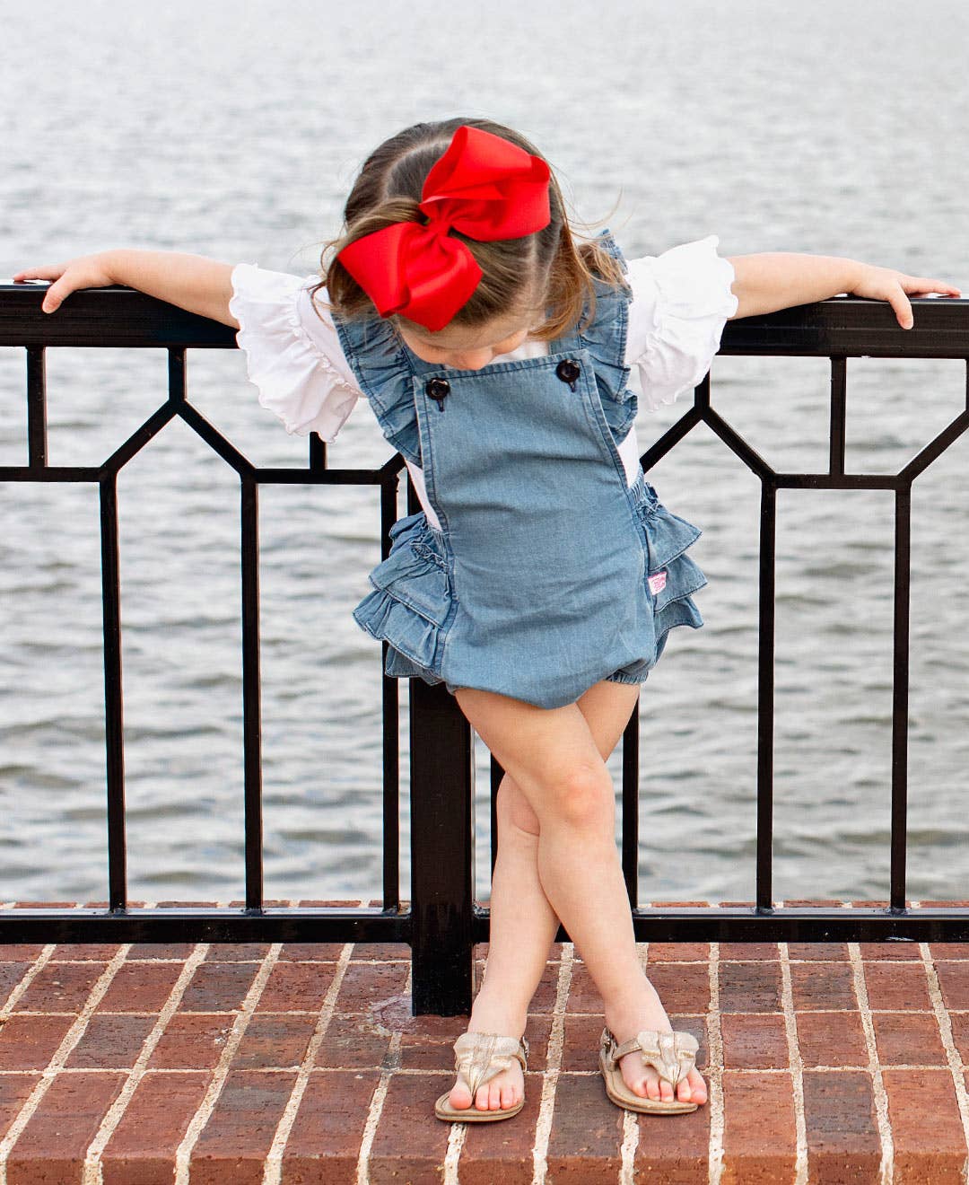 Baby Girls Light Wash Woven Flutter Overall Romper