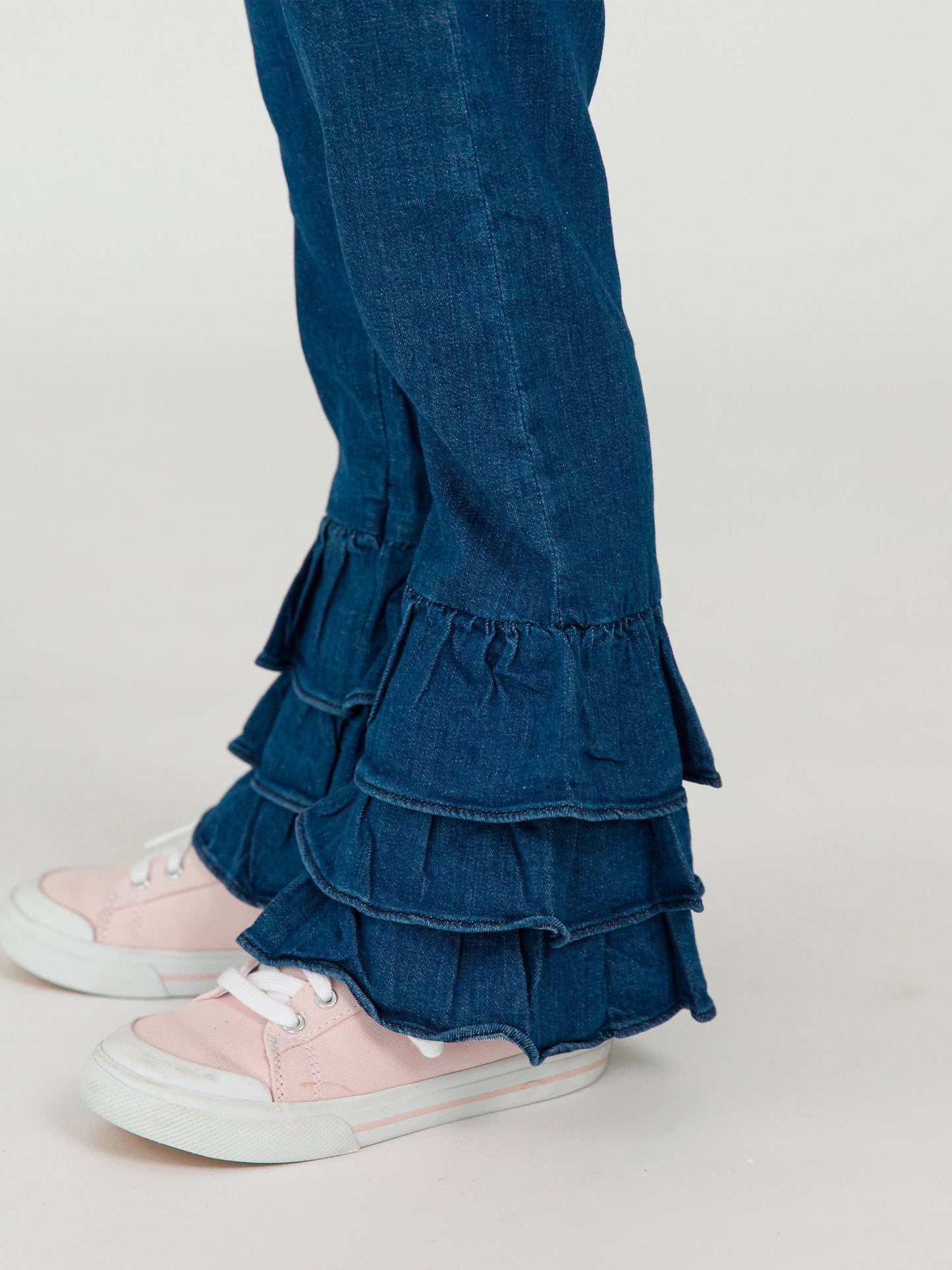 Toddler Girls Medium Wash Denim Denim Ruffle Flare Pants with Signature Rear Ruffles
