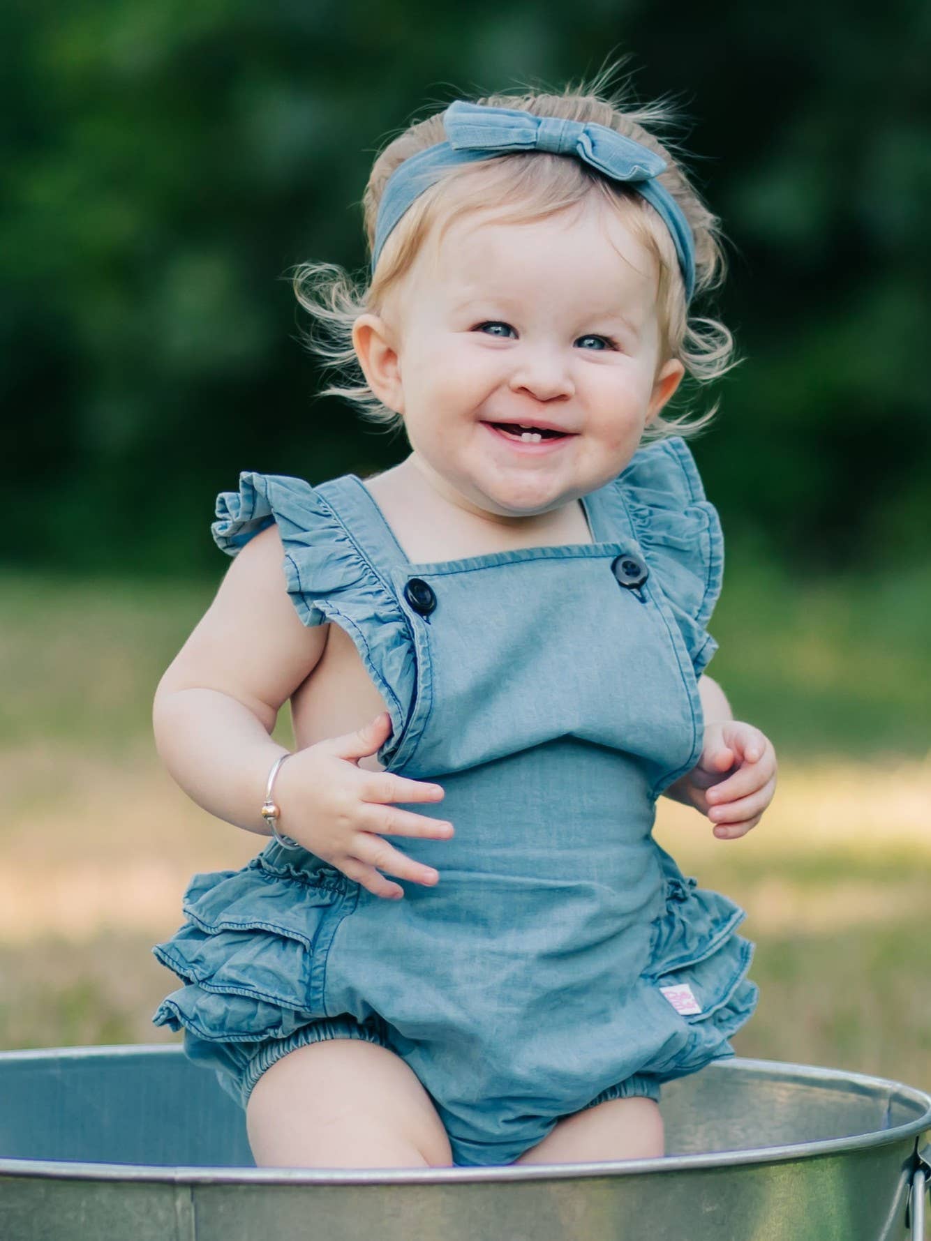 Baby Girls Light Wash Woven Flutter Overall Romper