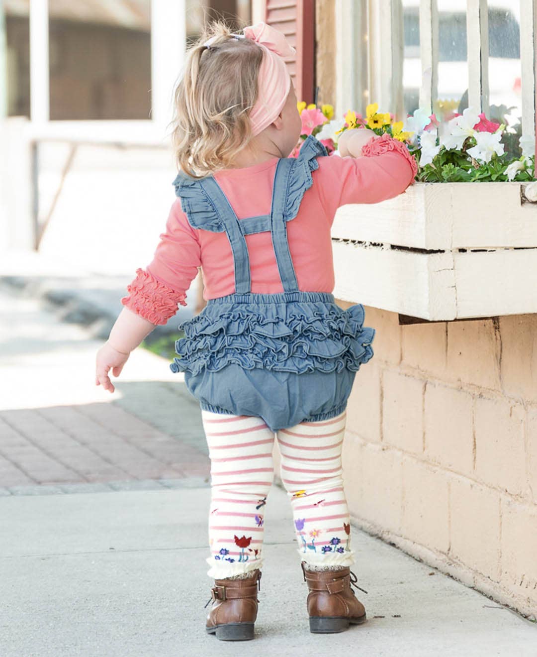 Baby Girls Light Wash Woven Flutter Overall Romper