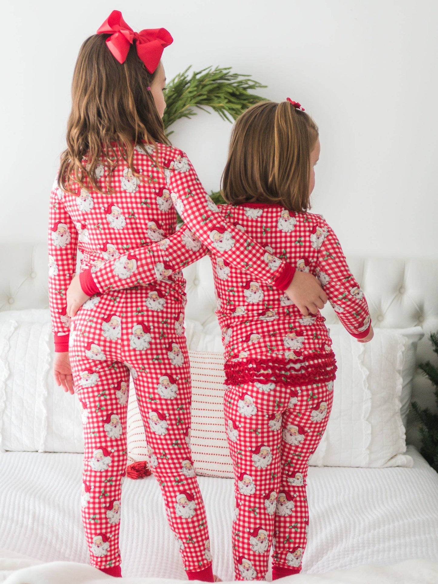 SoftSnooze™ Toddler Girls Bamboo Viscose Red Dear Santa Ruffle Long Sleeve Pajama Set with Signature Rear Ruffles