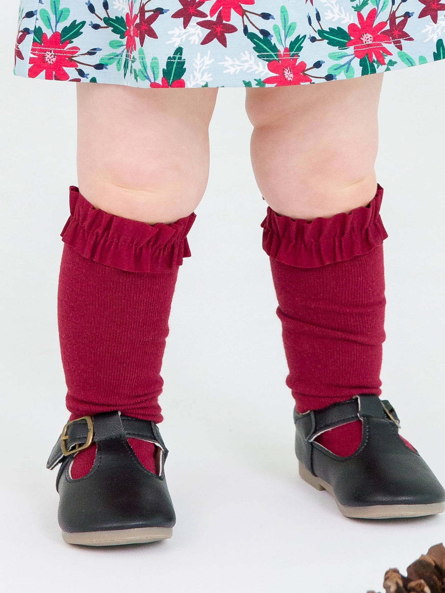 Girls Dark Cherry, White & Fir Green 3-Pack Knee High Ruffle Socks
