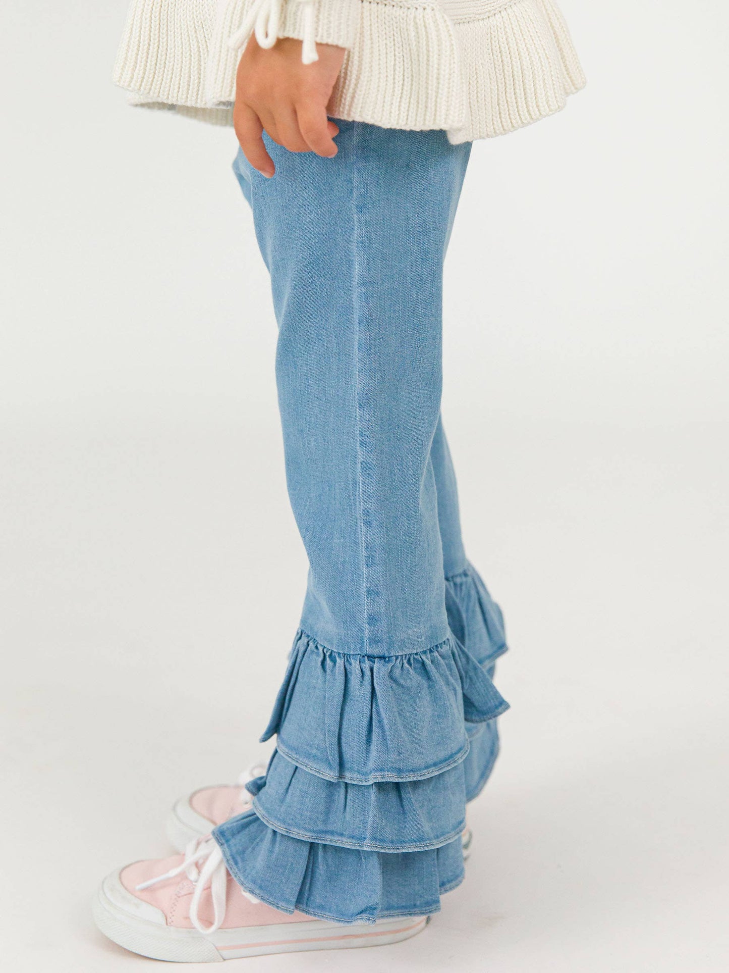 Toddler Girls Light Wash Denim Denim Ruffle Flare Pants with Signature Rear Ruffles