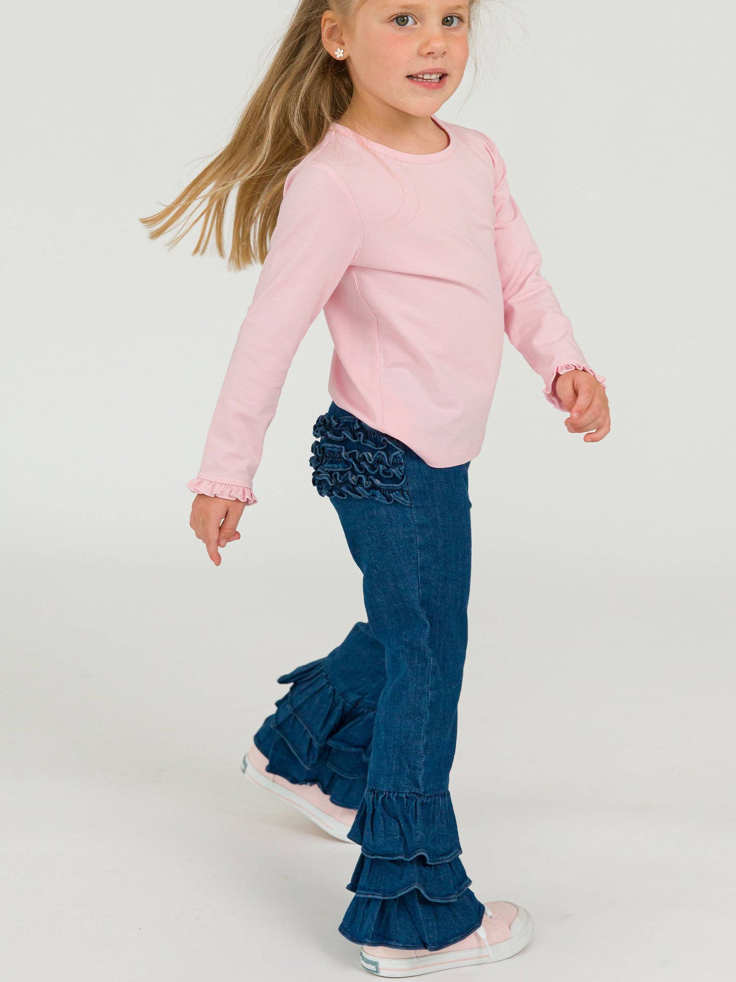Toddler Girls Medium Wash Denim Denim Ruffle Flare Pants with Signature Rear Ruffles