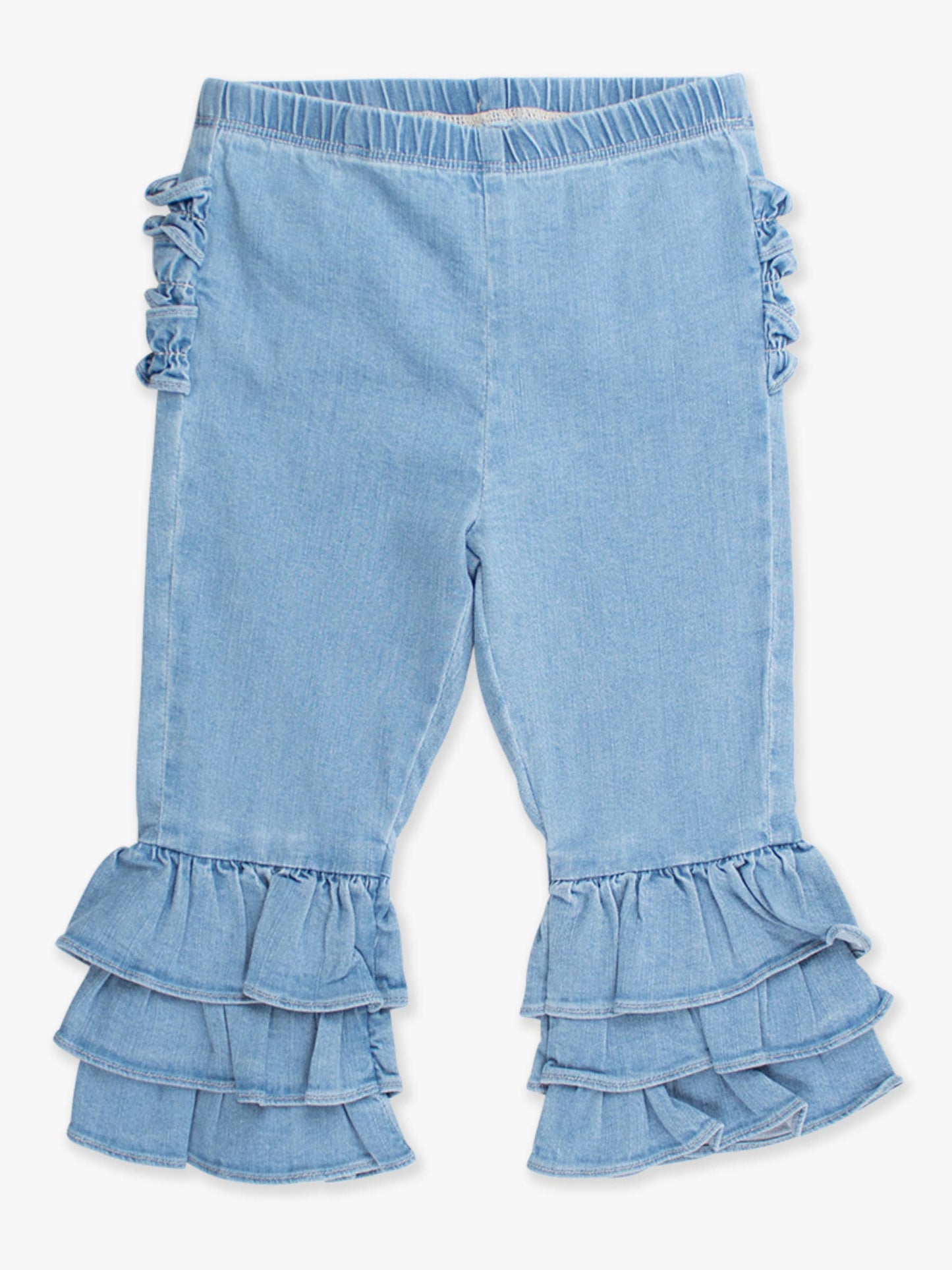 Toddler Girls Light Wash Denim Denim Ruffle Flare Pants with Signature Rear Ruffles