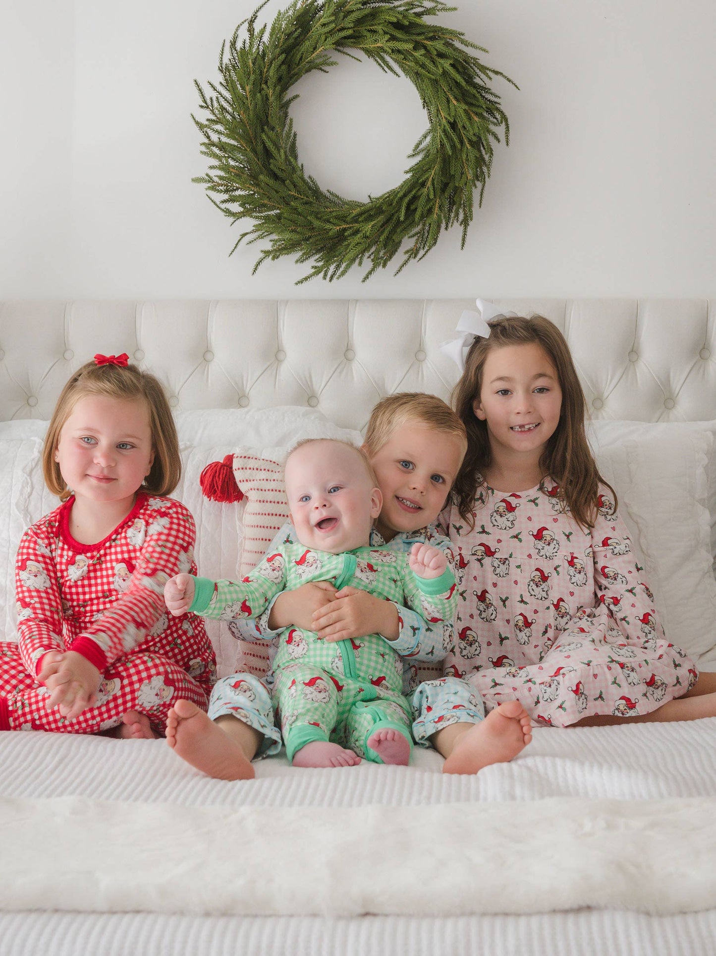 SoftSnooze™ Toddler Girls Bamboo Viscose Red Dear Santa Ruffle Long Sleeve Pajama Set with Signature Rear Ruffles