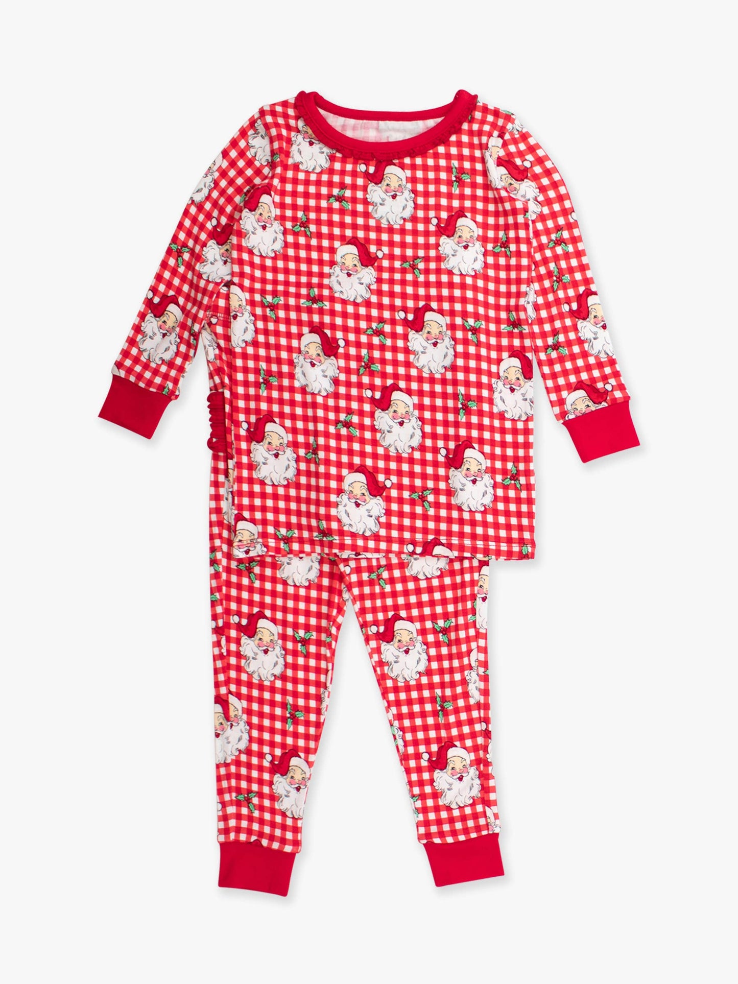 SoftSnooze™ Toddler Girls Bamboo Viscose Red Dear Santa Ruffle Long Sleeve Pajama Set with Signature Rear Ruffles
