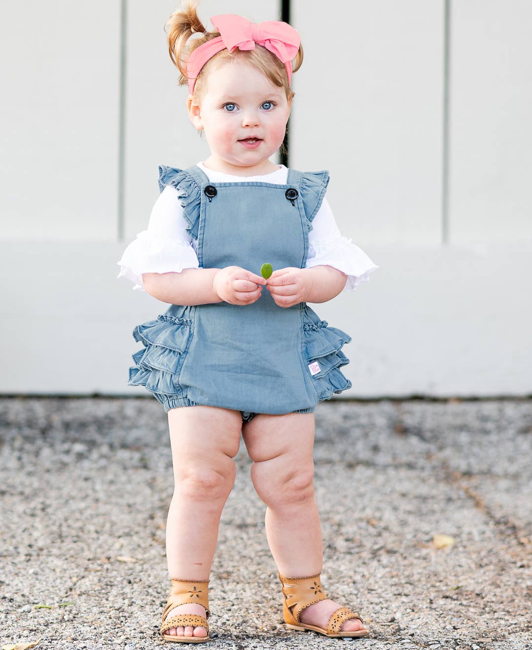 Baby Girls Light Wash Woven Flutter Overall Romper