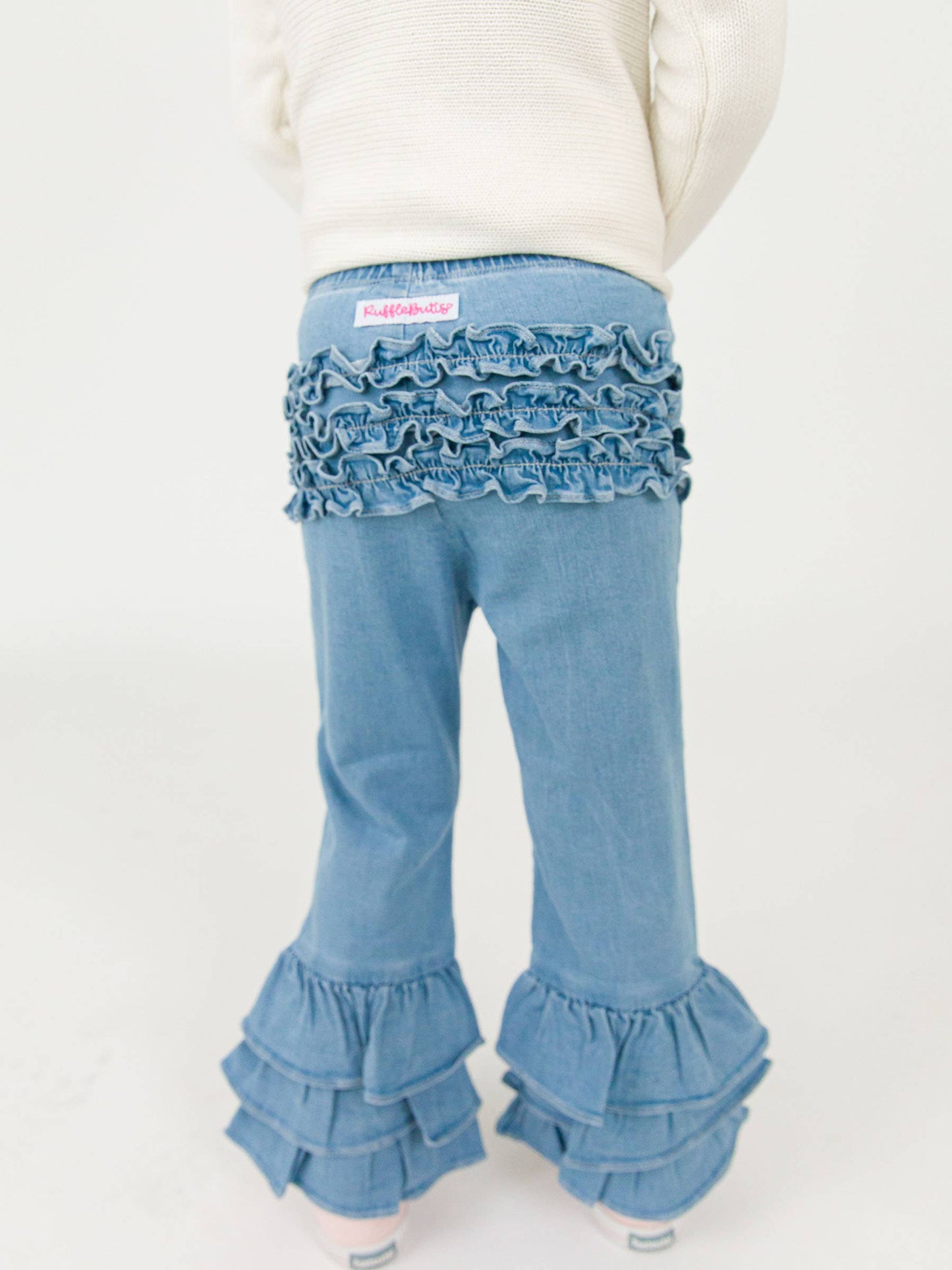 Toddler Girls Light Wash Denim Denim Ruffle Flare Pants with Signature Rear Ruffles