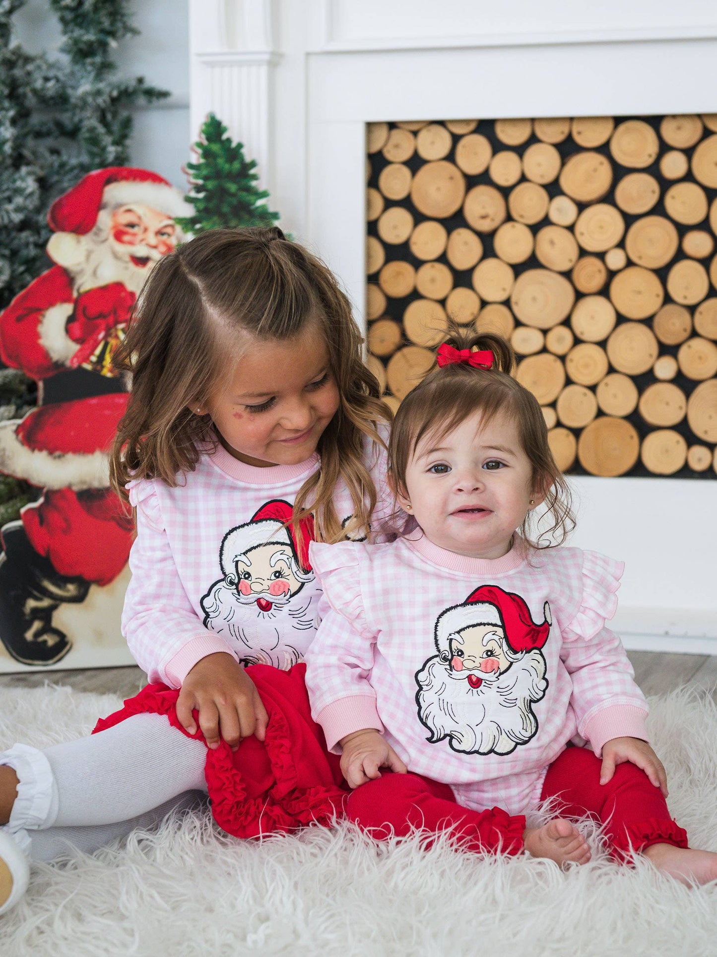 Girls Dear Santa Pink Gingham Applique Flutter Sweatshirt