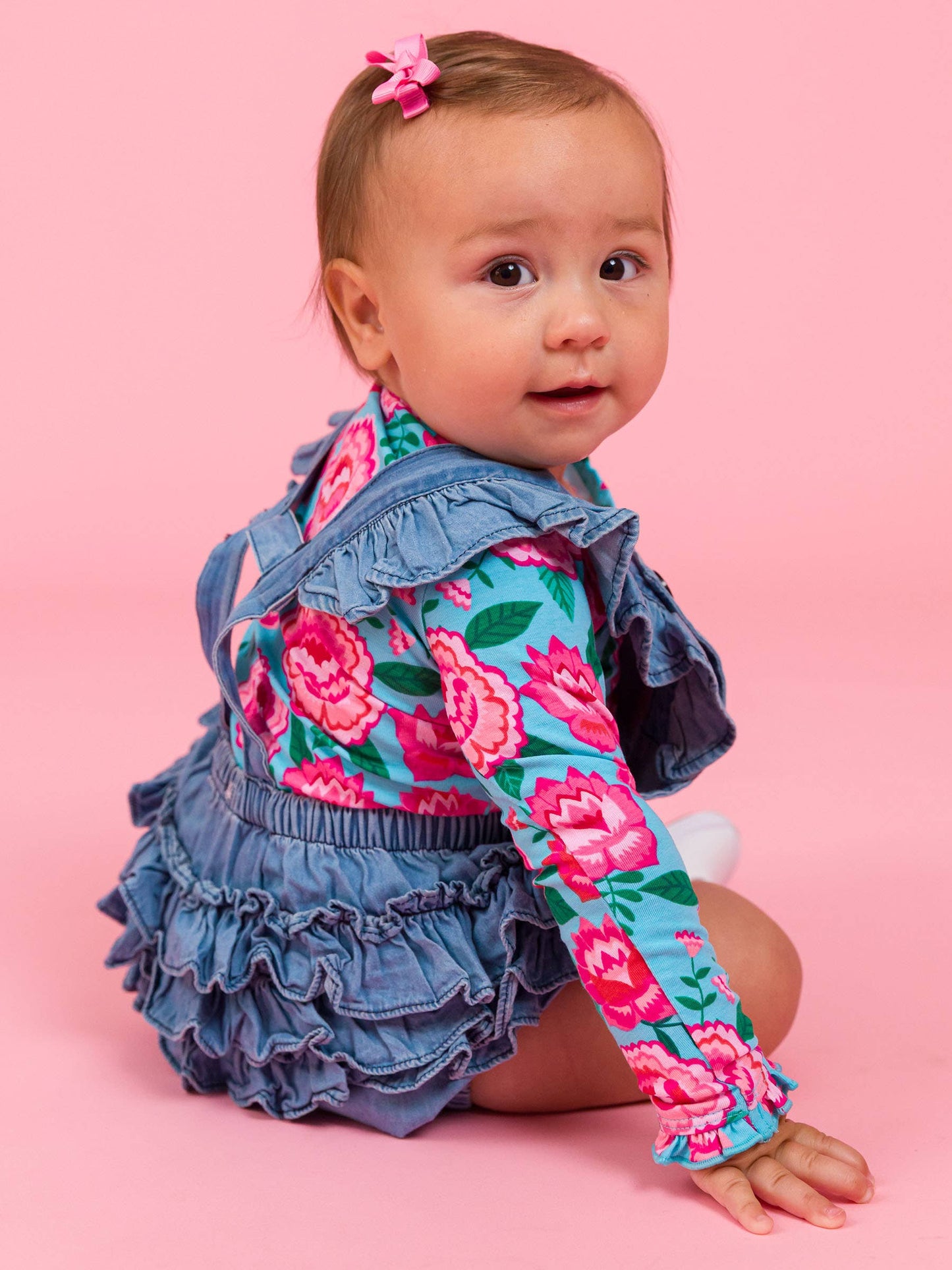 Baby Girls Light Wash Woven Flutter Overall Romper