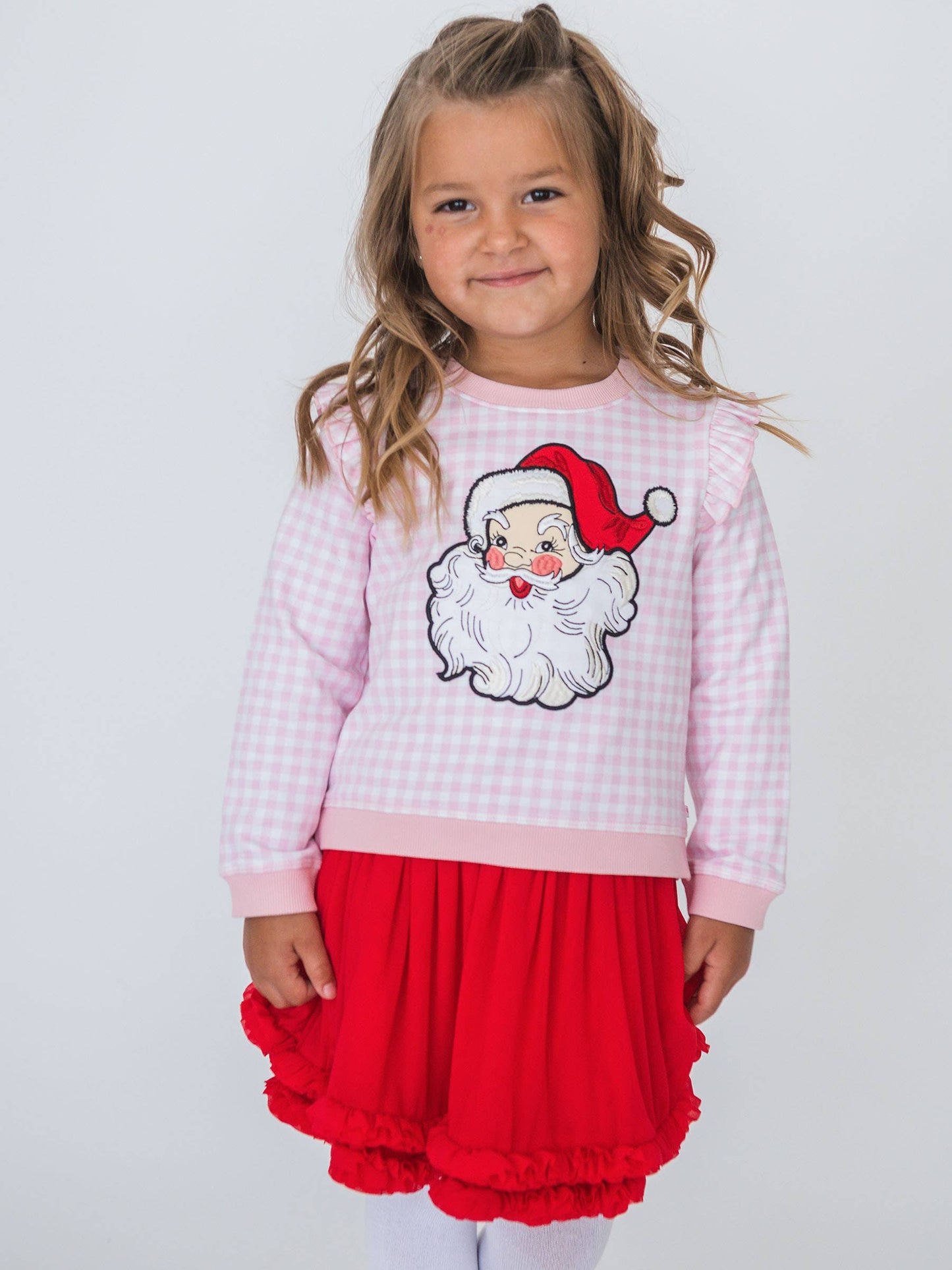 Girls Dear Santa Pink Gingham Applique Flutter Sweatshirt
