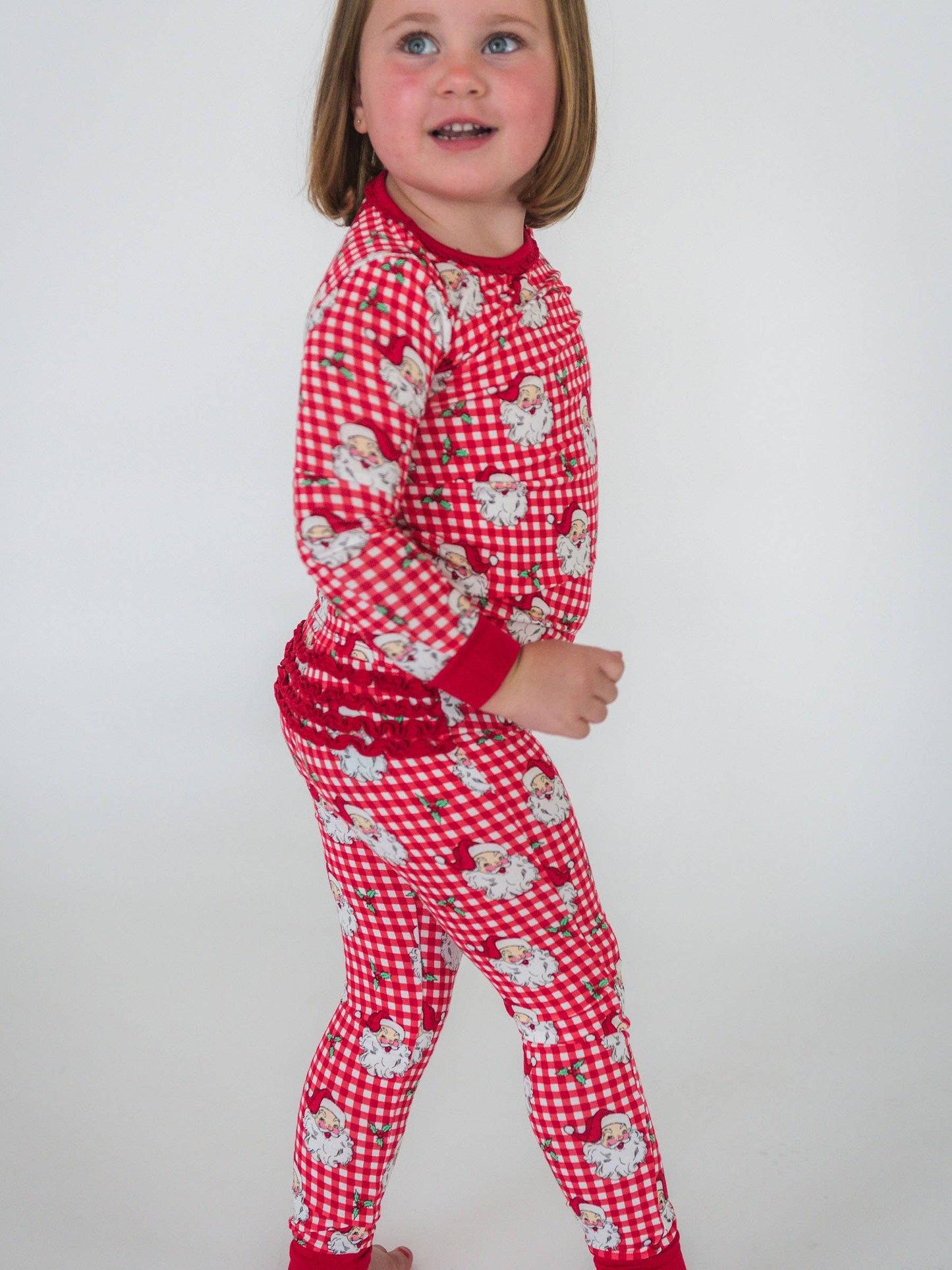 SoftSnooze™ Toddler Girls Bamboo Viscose Red Dear Santa Ruffle Long Sleeve Pajama Set with Signature Rear Ruffles