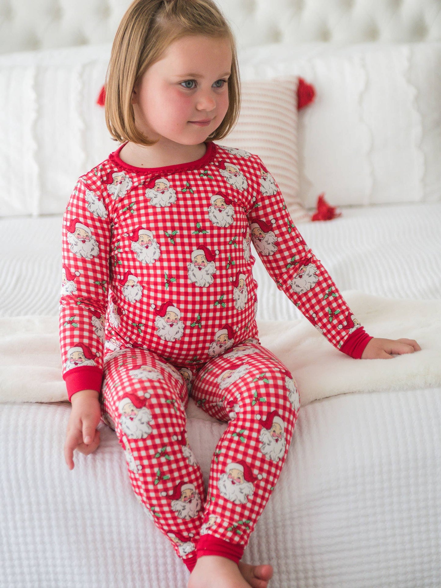 SoftSnooze™ Toddler Girls Bamboo Viscose Red Dear Santa Ruffle Long Sleeve Pajama Set with Signature Rear Ruffles