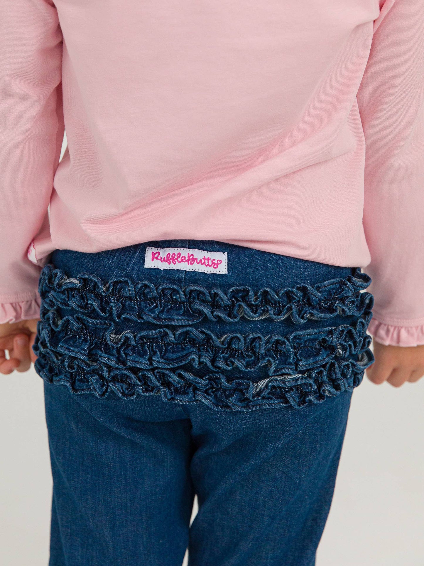 Toddler Girls Medium Wash Denim Denim Ruffle Flare Pants with Signature Rear Ruffles