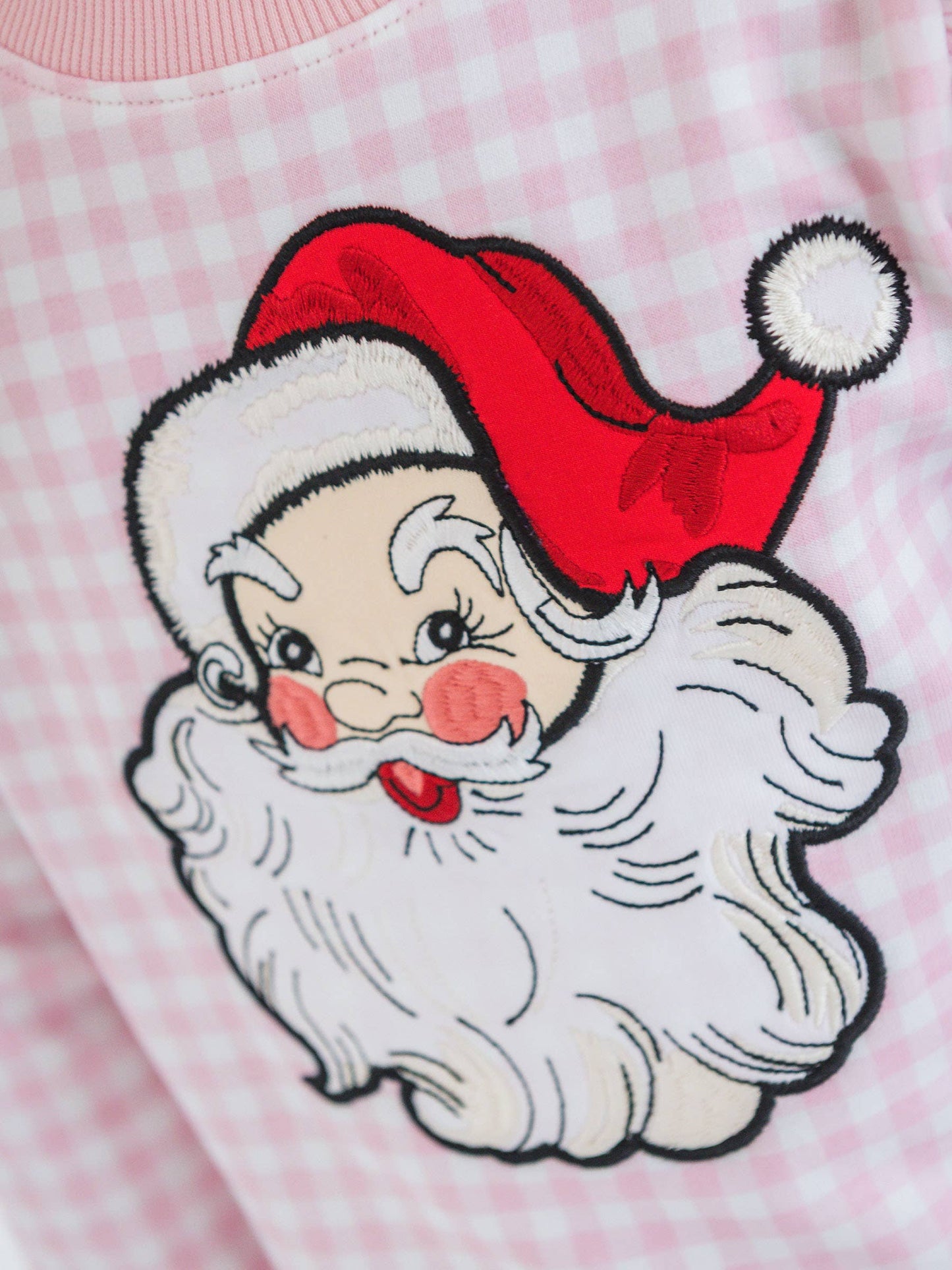 Girls Dear Santa Pink Gingham Applique Flutter Sweatshirt
