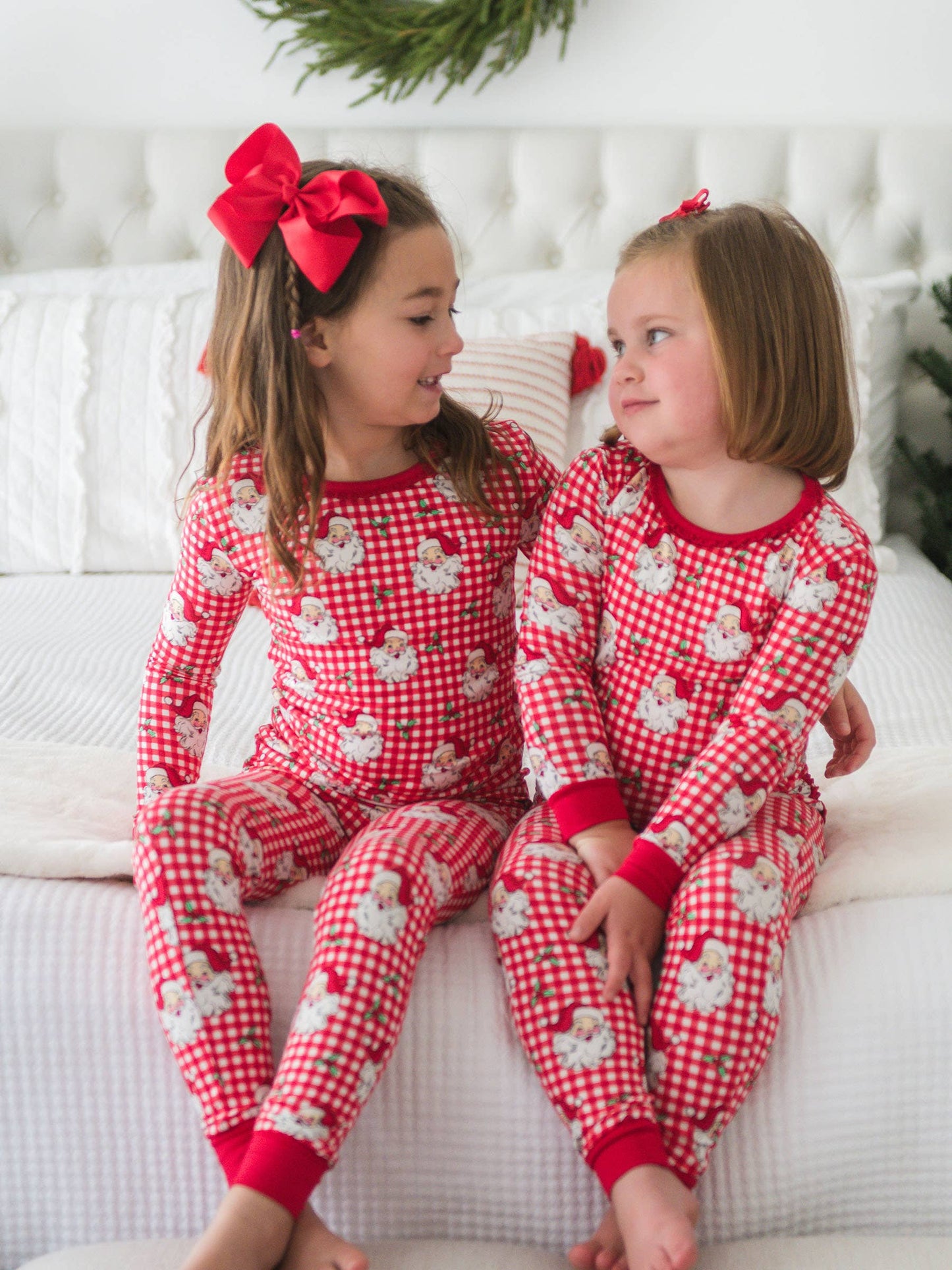 SoftSnooze™ Toddler Girls Bamboo Viscose Red Dear Santa Ruffle Long Sleeve Pajama Set with Signature Rear Ruffles
