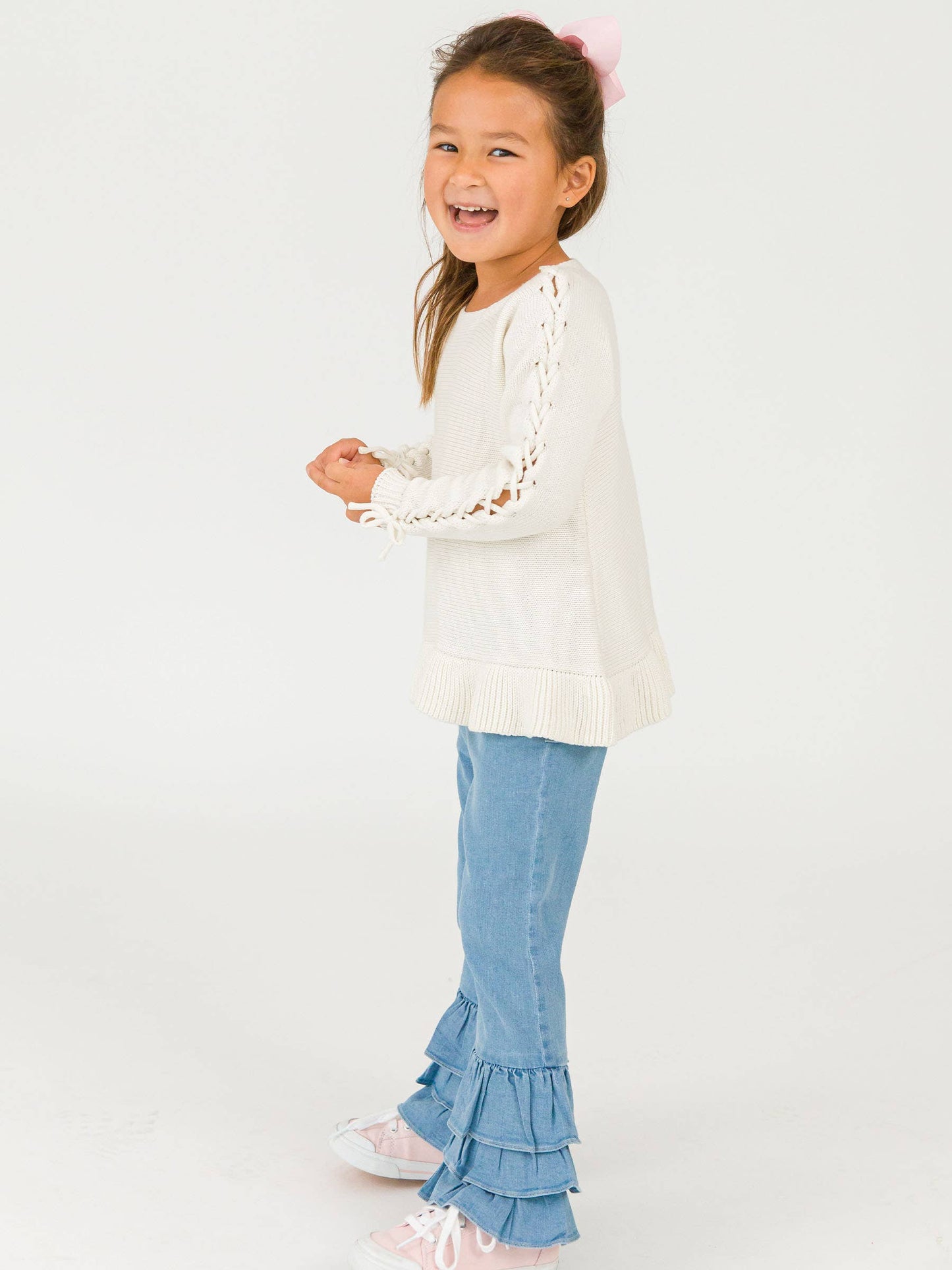 Toddler Girls Light Wash Denim Denim Ruffle Flare Pants with Signature Rear Ruffles