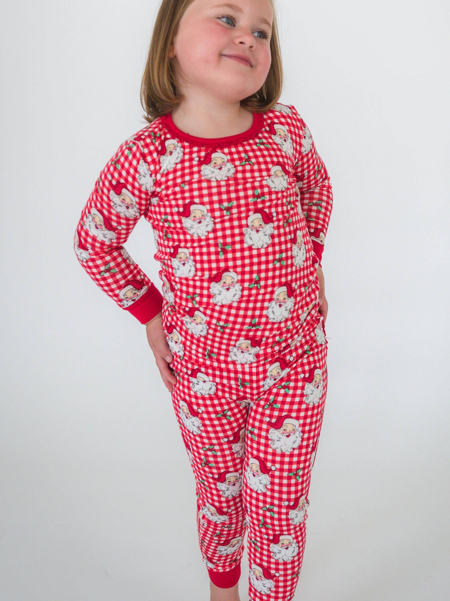SoftSnooze™ Toddler Girls Bamboo Viscose Red Dear Santa Ruffle Long Sleeve Pajama Set with Signature Rear Ruffles