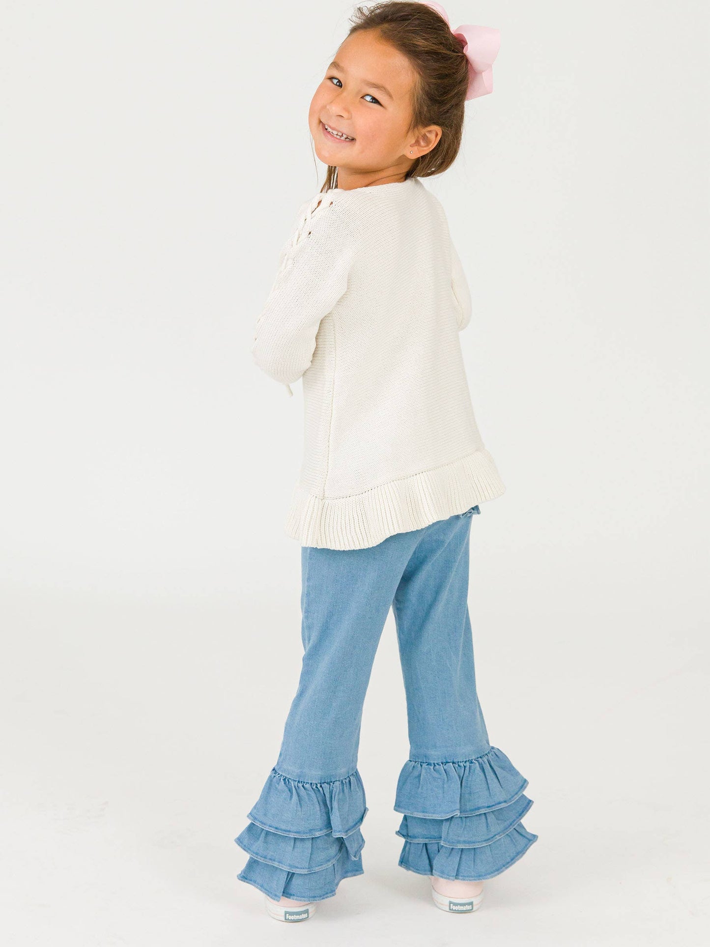 Toddler Girls Light Wash Denim Denim Ruffle Flare Pants with Signature Rear Ruffles
