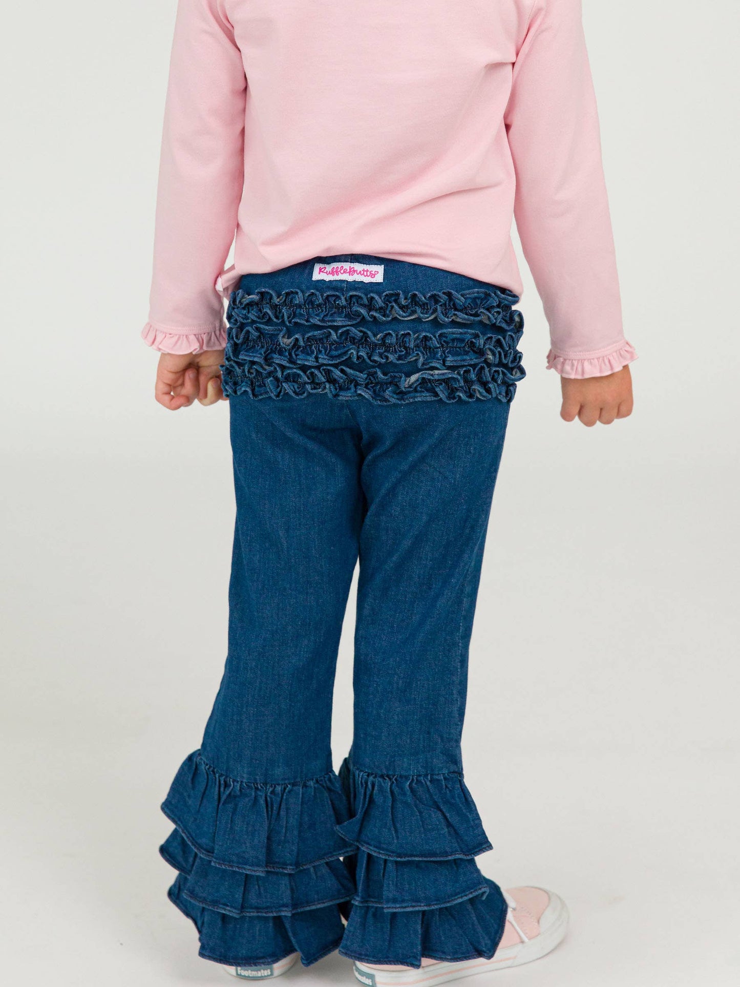 Toddler Girls Medium Wash Denim Denim Ruffle Flare Pants with Signature Rear Ruffles