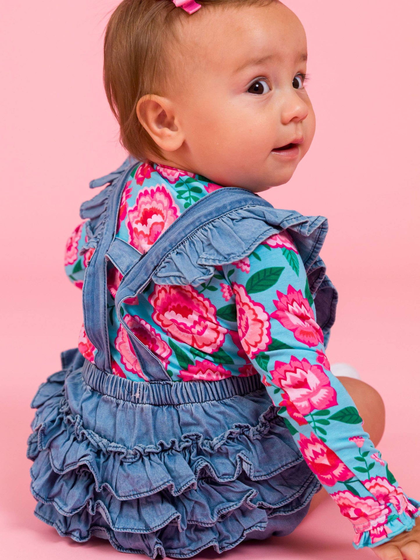 Baby Girls Light Wash Woven Flutter Overall Romper