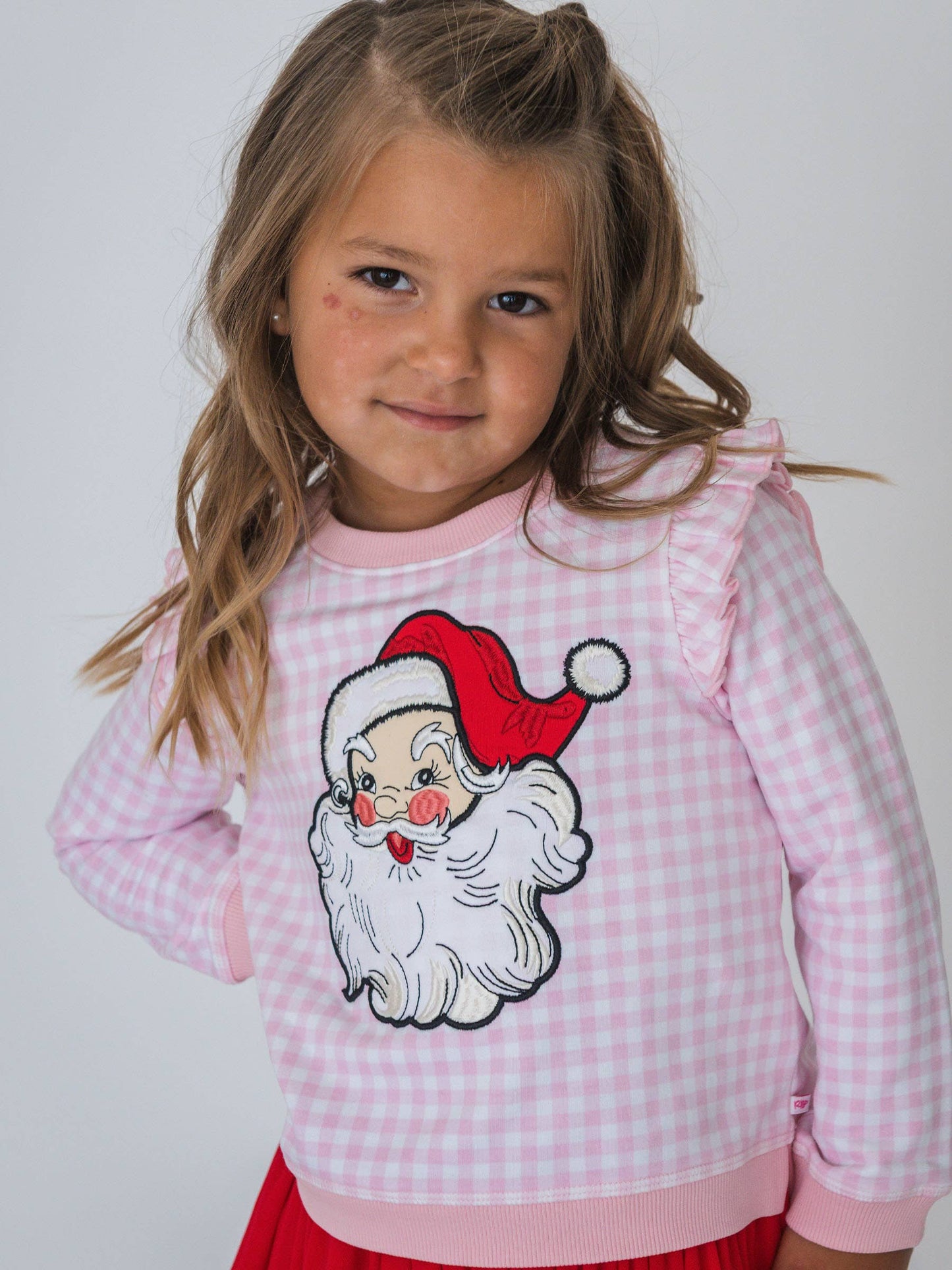 Girls Dear Santa Pink Gingham Applique Flutter Sweatshirt