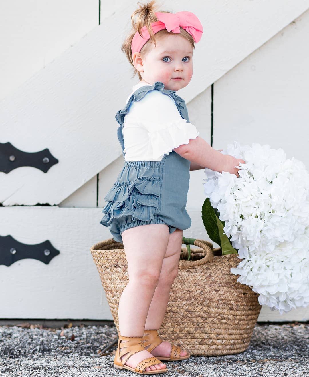 Baby Girls Light Wash Woven Flutter Overall Romper