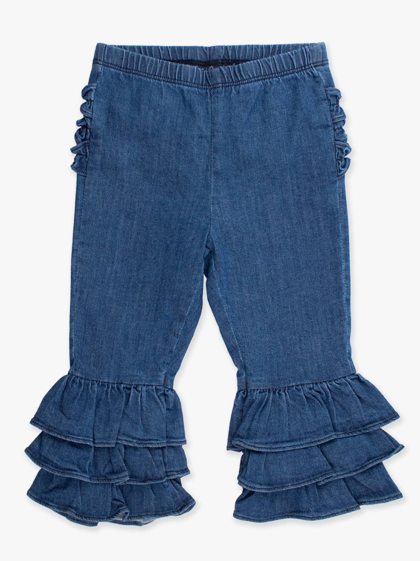 Toddler Girls Medium Wash Denim Denim Ruffle Flare Pants with Signature Rear Ruffles