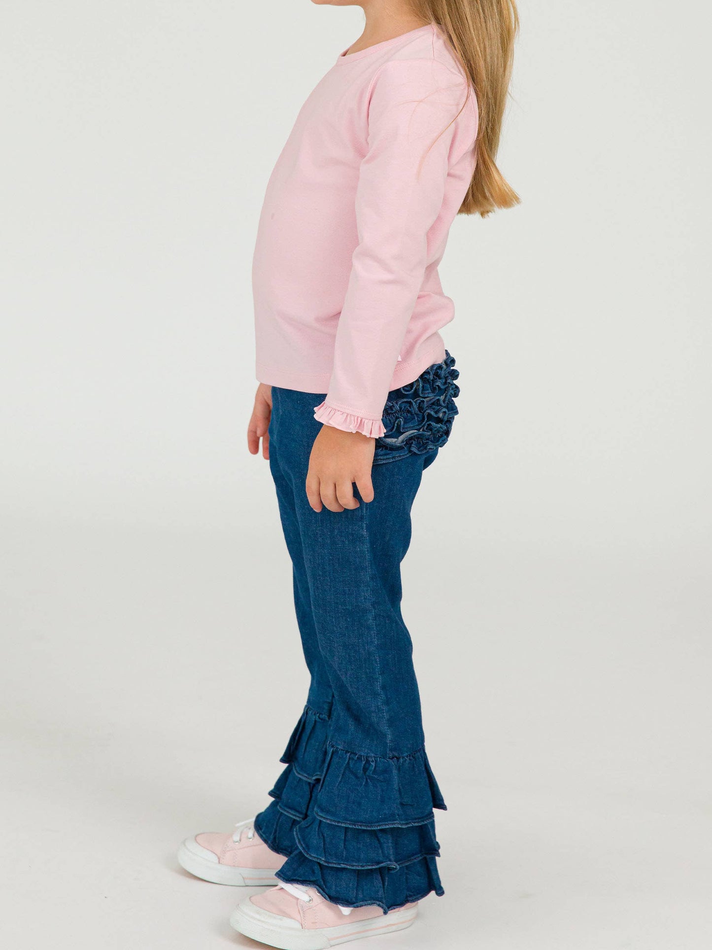 Toddler Girls Medium Wash Denim Denim Ruffle Flare Pants with Signature Rear Ruffles