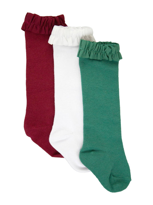 Girls Dark Cherry, White & Fir Green 3-Pack Knee High Ruffle Socks