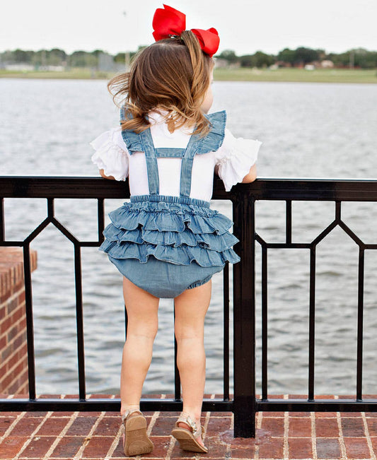 Baby Girls Light Wash Woven Flutter Overall Romper
