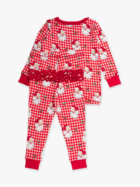 SoftSnooze™ Toddler Girls Bamboo Viscose Red Dear Santa Ruffle Long Sleeve Pajama Set with Signature Rear Ruffles
