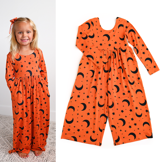 Blaise Orange Moon WIDE LEG ROMPER Halloween Bamboo Kids Outfit